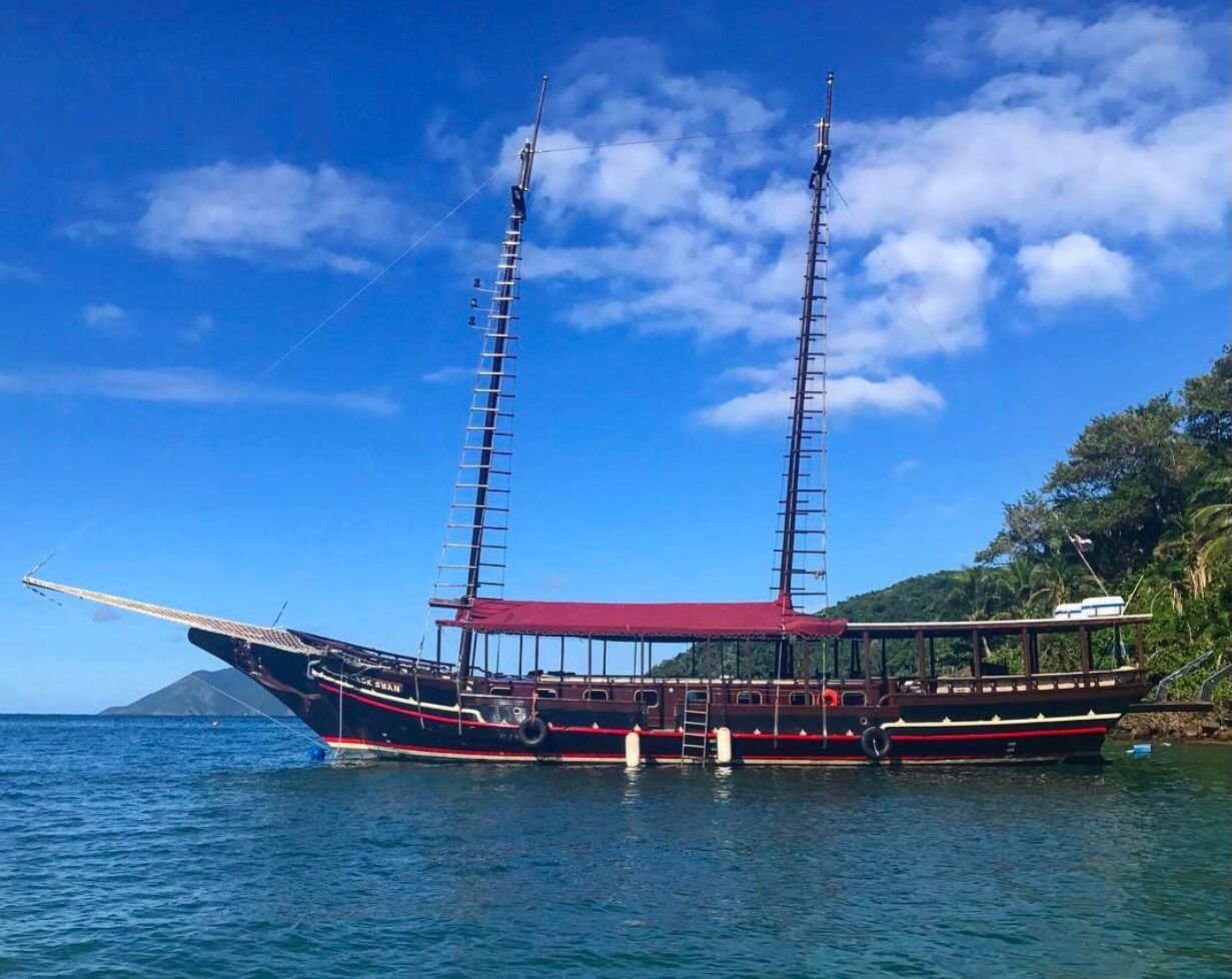 Escuna de casco preto e toldo vermelho ancorada no mar de Ilhabela
