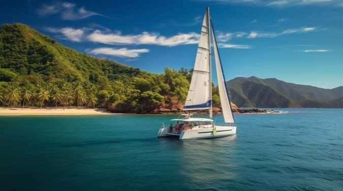 Veleiro navegando em frente a uma praia de Ilhabela